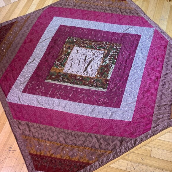 Vtg 90s handmade Indian kantha embroidered patchwork boho quilt queen king silk - Picture 1 of 6